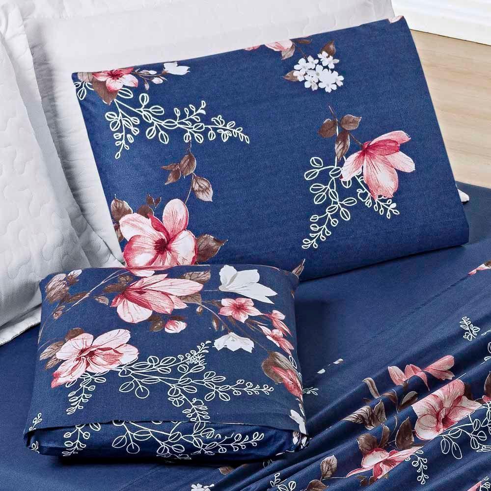 Jogo Cama Lençol Celi Solteiro Micropercal 200 Fios 3 Peças - Azul Marinho Floral - 3