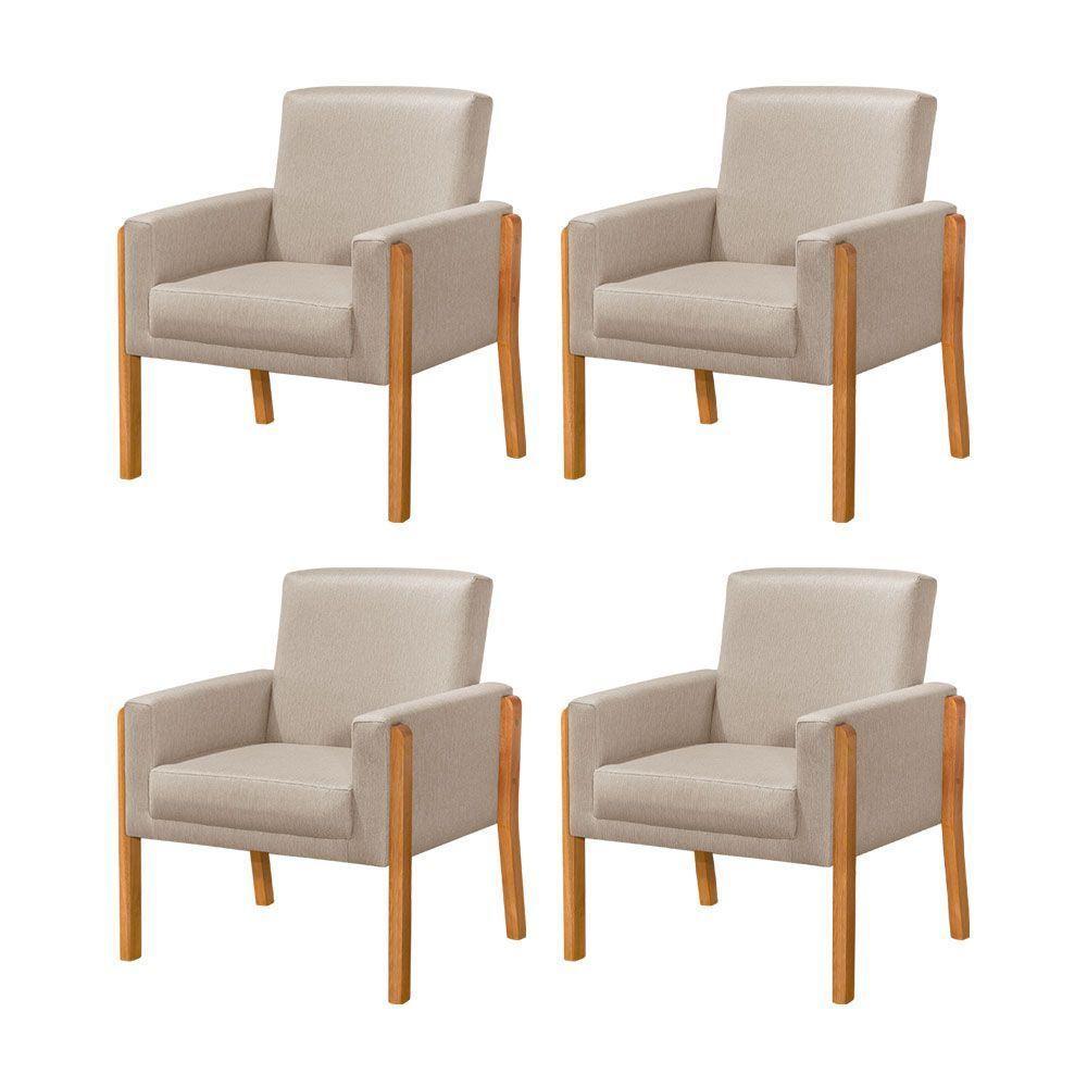 Kit 4 Poltronas Sala De Espera Pés Em Madeira Santorini Linho Bege - Bege - 1