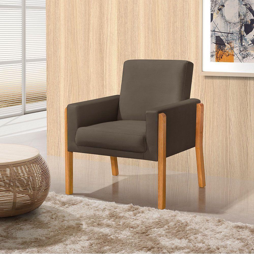 Poltrona Sala De Espera Pés Em Madeira Santorini Veludo Marrom - Marrom - 1