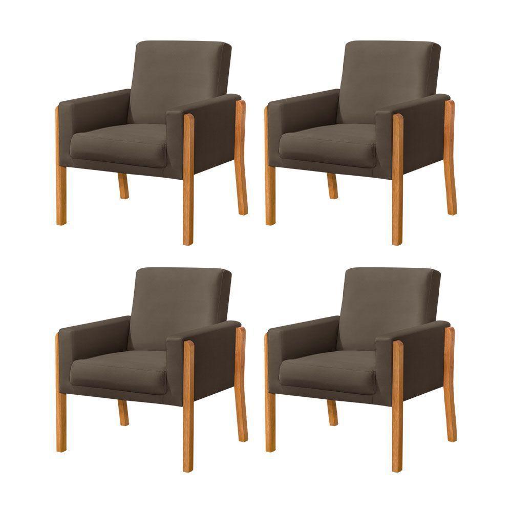 Kit 4 Poltronas Sala De Espera Pés Em Madeira Santorini Veludo Marrom - Marrom - 1