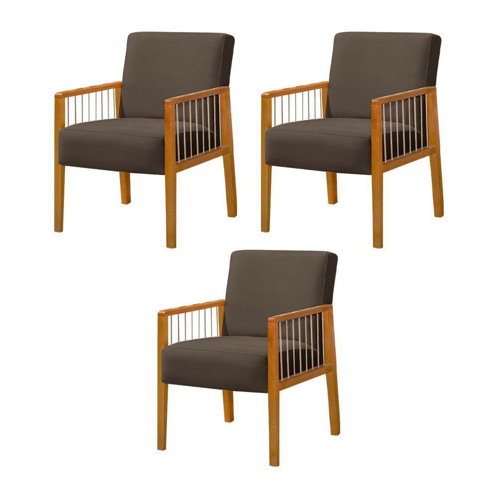Kit 3 Poltronas Decorativa Base Em Madeira Maciça E Corda Náutica Copacabana Veludo Marrom - Marrom - 1