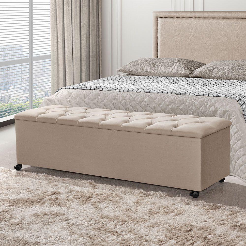 Recamier Baú Com Rodízios Cancun 1,83m Veludo Bege - Bege - 1