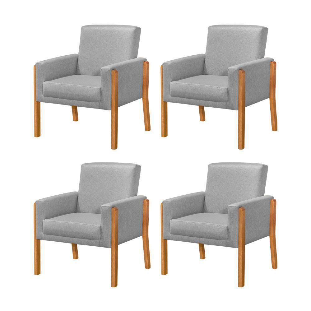 Kit 4 Poltronas Sala De Espera Pés Em Madeira Santorini Linho Cinza - Cinza - 1