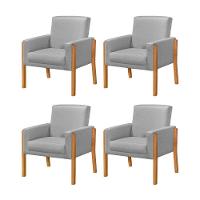 Kit 4 Poltronas Sala De Espera Pés Em Madeira Santorini Linho Cinza - Cinza - 1