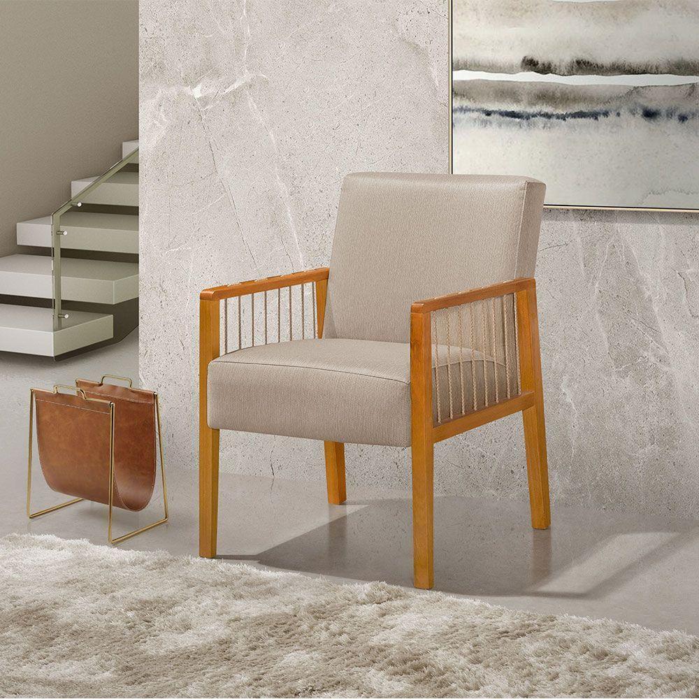 Kit 2 Poltronas Decorativas Base Em Madeira Maciça E Corda Náutica Copacabana Linho Bege - Bege - 6