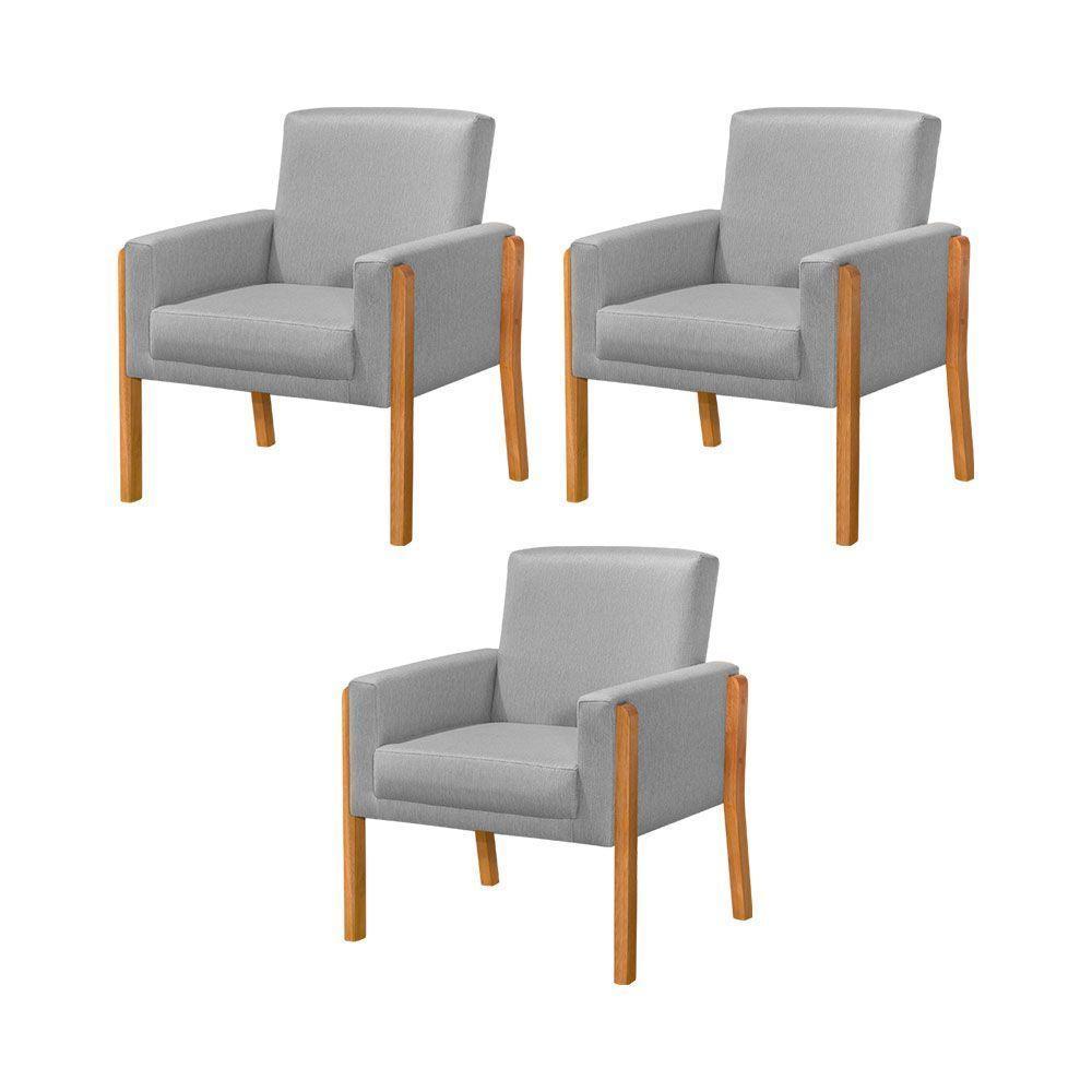 Kit 3 Poltronas Sala De Espera Pés Em Madeira Santorini Linho Cinza - Cinza - 1