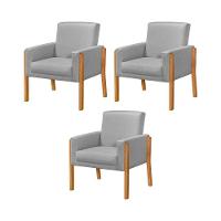 Kit 3 Poltronas Sala De Espera Pés Em Madeira Santorini Linho Cinza - Cinza - 1