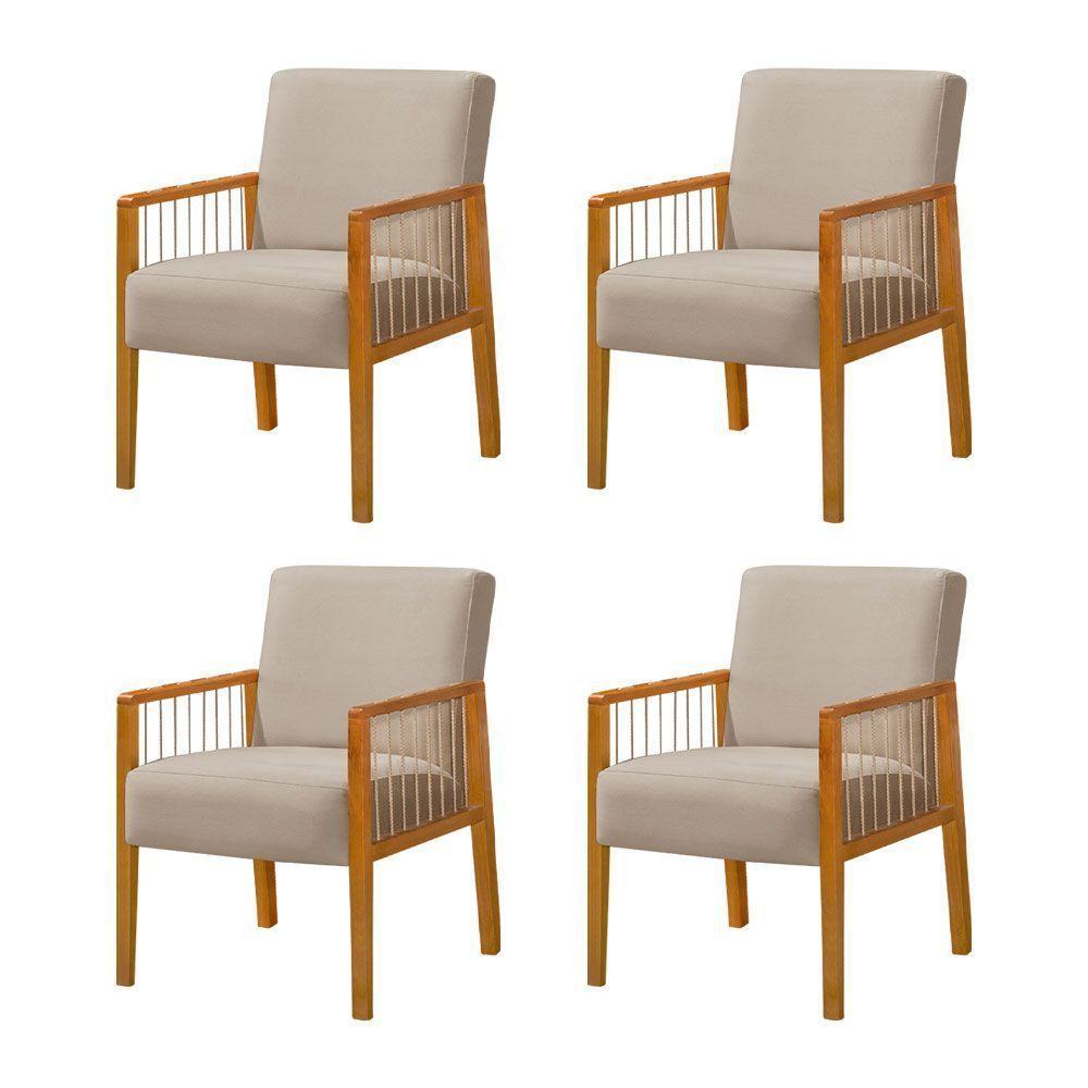Kit 4 Poltronas Decorativa Base Em Madeira Maciça E Corda Náutica Copacabana Veludo Bege - Bege - 1