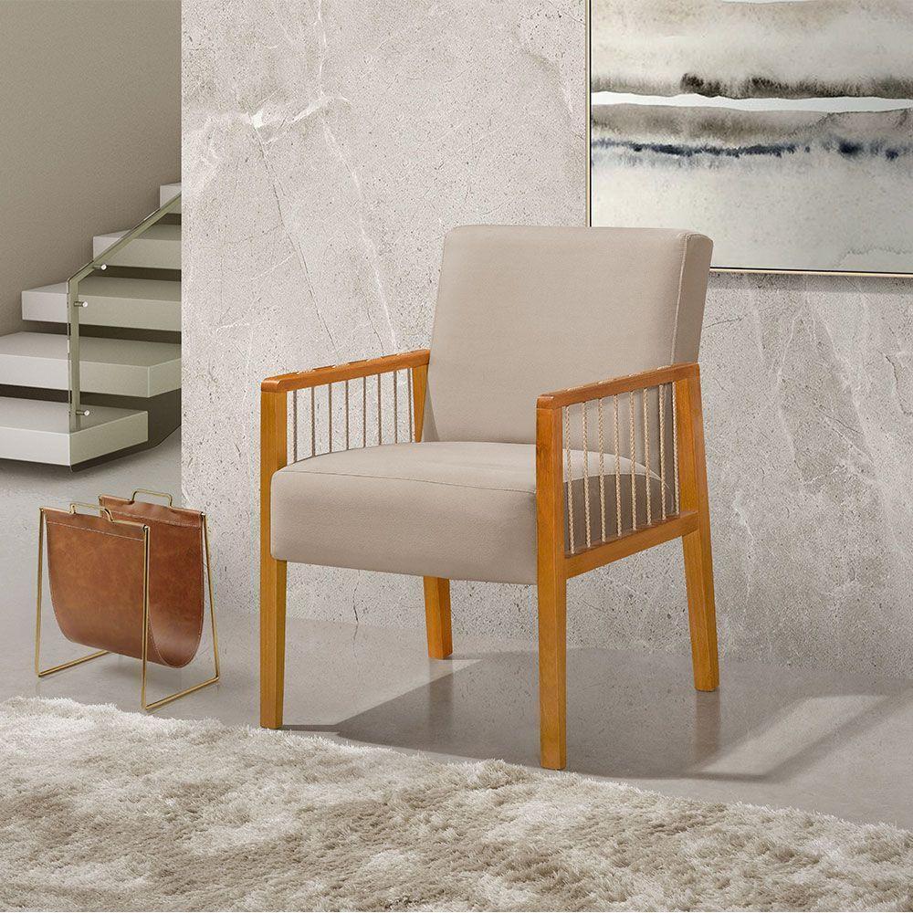 Kit 4 Poltronas Decorativa Base Em Madeira Maciça E Corda Náutica Copacabana Veludo Bege - Bege - 6