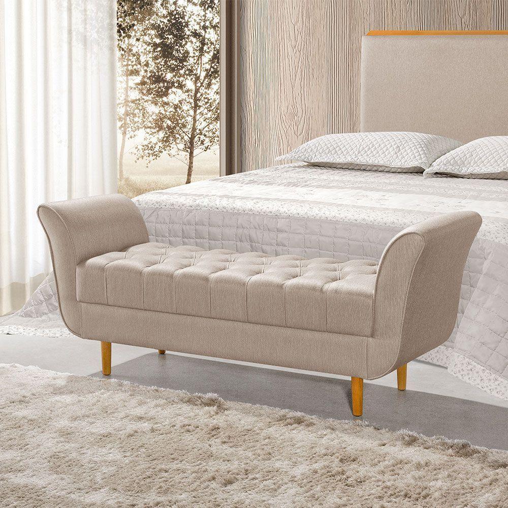 Recamier Pés Palito Em Madeira Marajó 1,83m Capitonê Linho Bege - Bege - 1