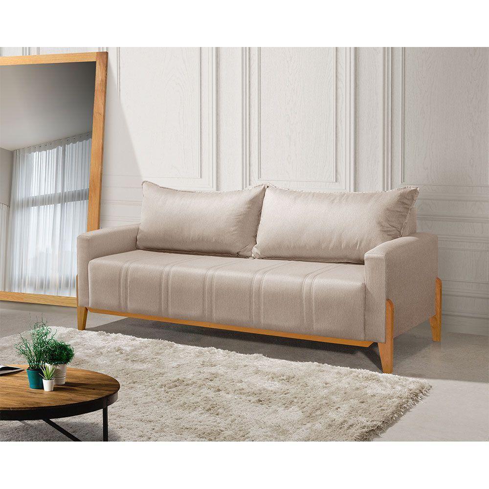 Sofá Living Base Em Madeira Maciça 4 Lugares 2,10m Búzios Linho Bege - Bege - 1