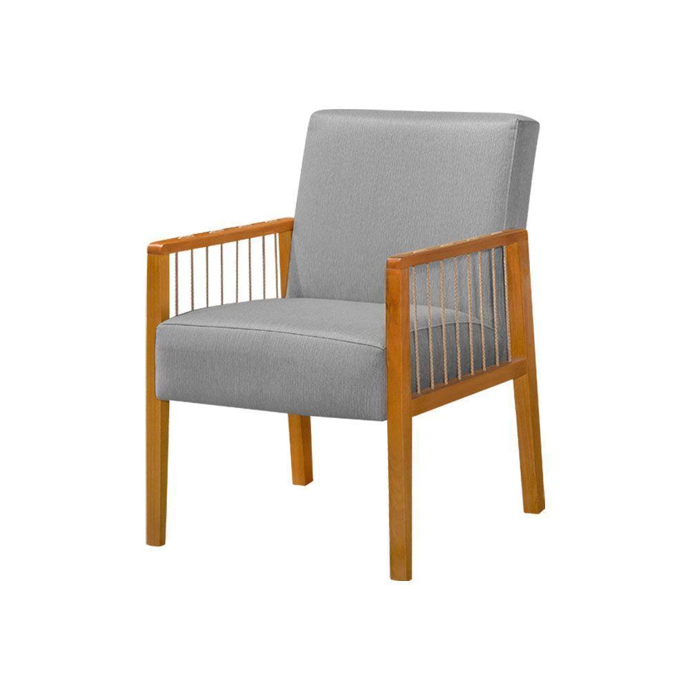 Kit 3 Poltronas Decorativa Base Em Madeira Maciça E Corda Náutica Copacabana Linho Cinza - Cinza - 3