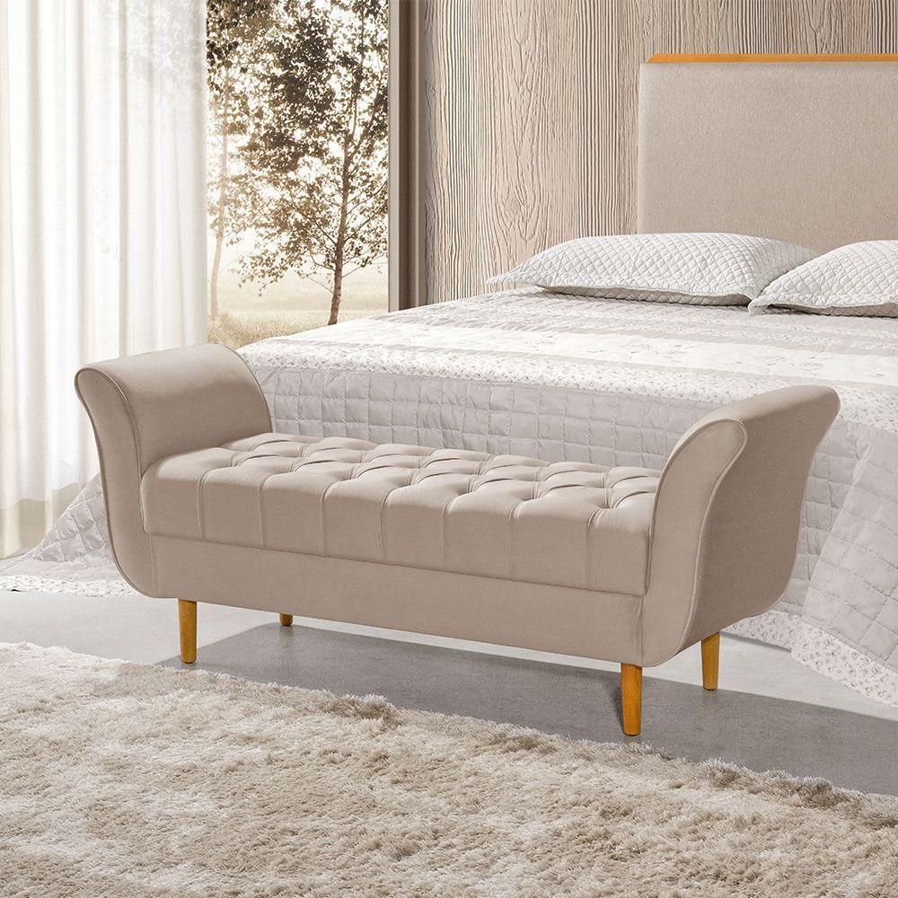 Recamier Pés Palito Em Madeira Marajó 1,50m Capitonê Veludo Bege - Bege - 1