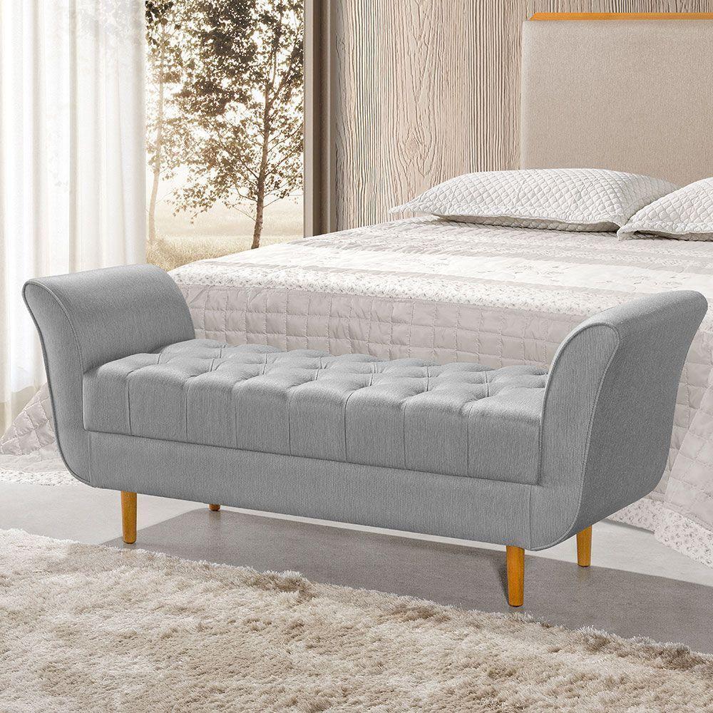 Recamier Pés Palito Em Madeira Marajó 1,30m Capitonê Linho Cinza - Cinza - 1