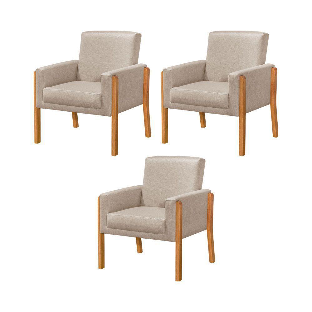 Kit 3 Poltronas Sala De Espera Pés Em Madeira Santorini Linho Bege - Bege - 1