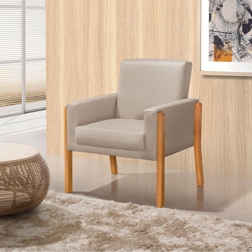 Kit 2 Poltronas Sala De Espera Pés Em Madeira Santorini Linho Bege - Bege - 4