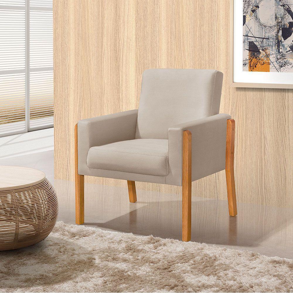 Poltrona Sala De Espera Pés Em Madeira Santorini Veludo Bege - Bege - 1