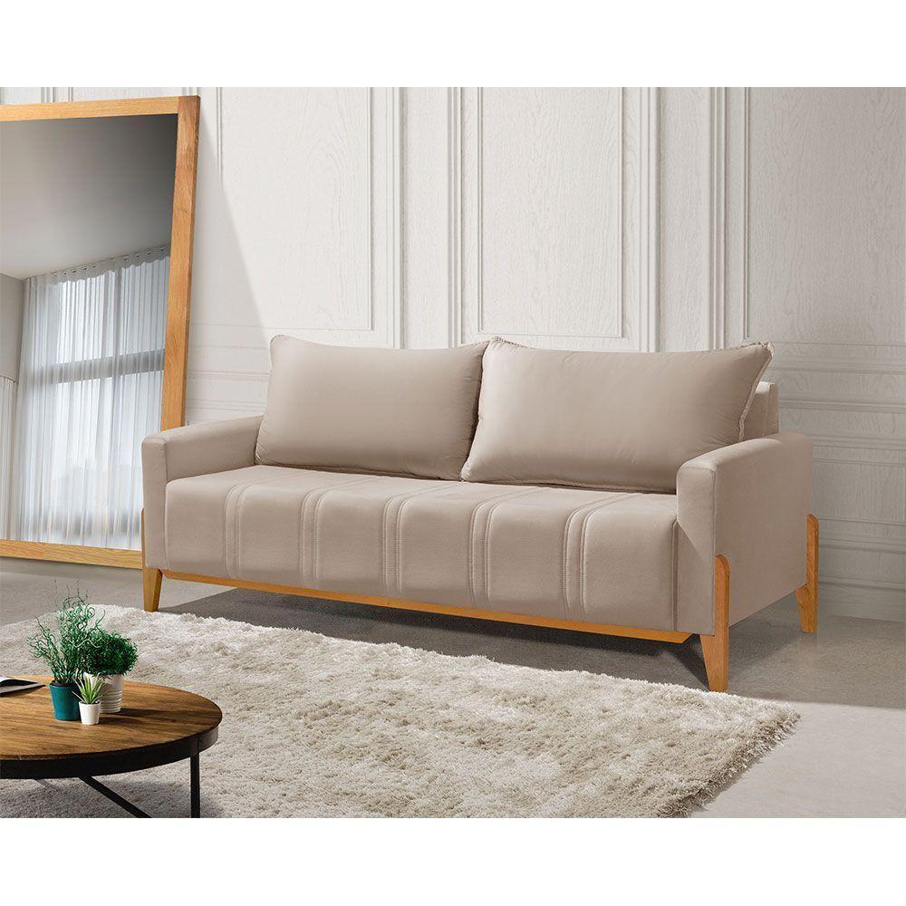 Sofá Living Base Em Madeira Maciça 4 Lugares 2,10m Búzios Veludo Bege - Bege - 1