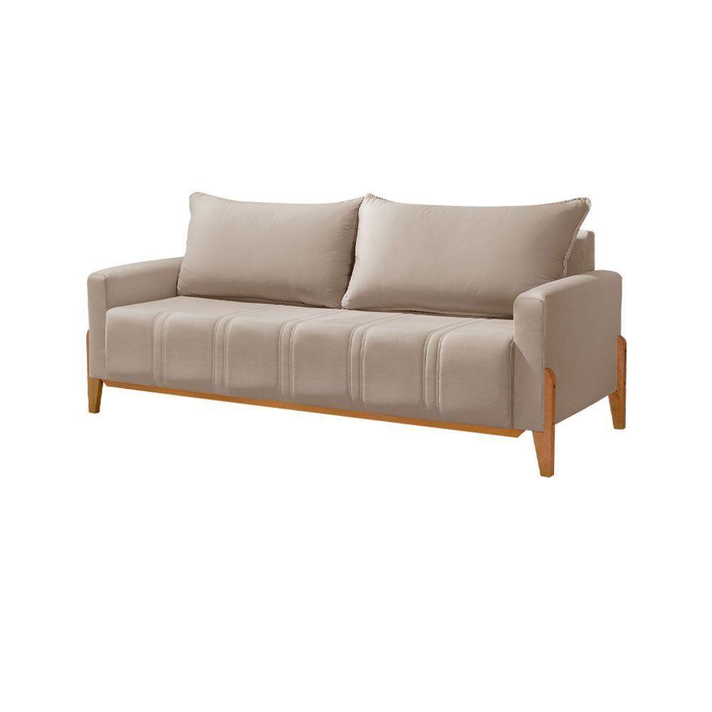 Sofá Living Base Em Madeira Maciça 4 Lugares 2,10m Búzios Veludo Bege - Bege - 4