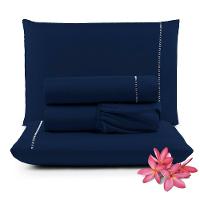 Jogo Cama Lençol Unique King 400 Fios Ponto Palito 4 Peças - Azul Marinho - 1
