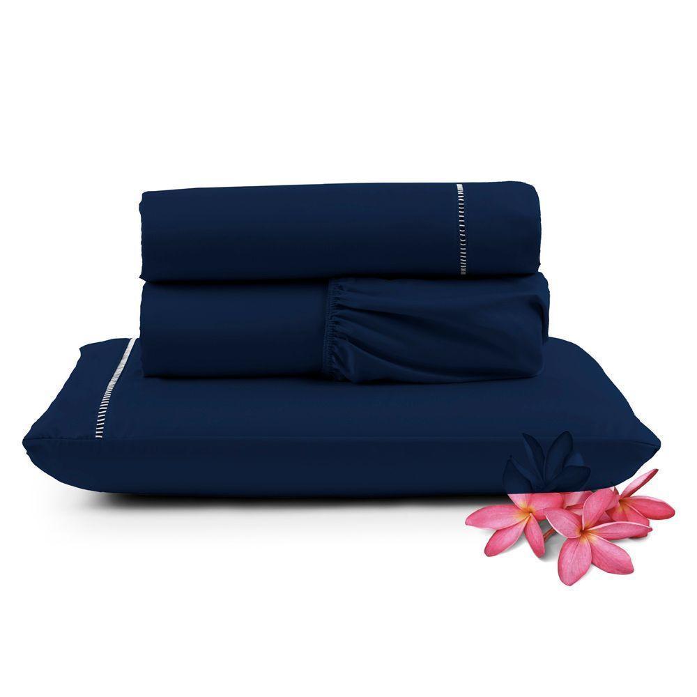 Jogo Cama Lençol Unique Solteiro 400 Fios Ponto Palito 3 Peças - Azul Marinho - 1