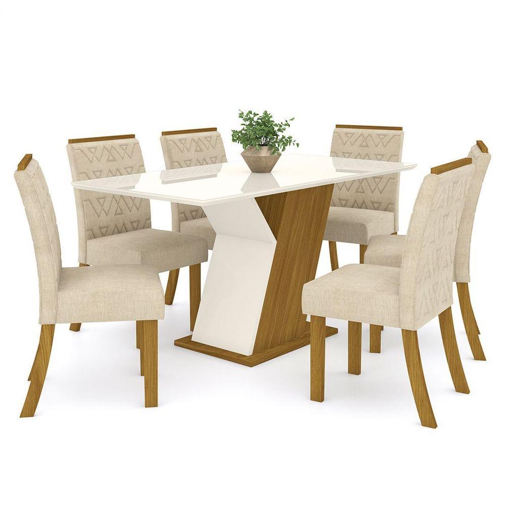 Conjunto Sala De Jantar Mesa 160cm Vidro 6 Cadeiras Zuri Casa 812 Nature Off White E Linho - 2