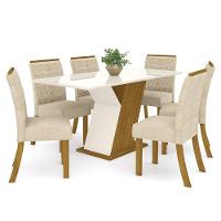Conjunto Sala De Jantar Mesa 160cm Vidro 6 Cadeiras Zuri Casa 812 Nature Off White E Linho - 2