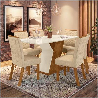 Conjunto Sala De Jantar Mesa 160cm Vidro 6 Cadeiras Juanita Casa 812 Nature Off White E Linho