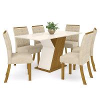 Conjunto Sala De Jantar Mesa 160cm Vidro 6 Cadeiras Juanita Casa 812 Nature Off White E Linho - 2