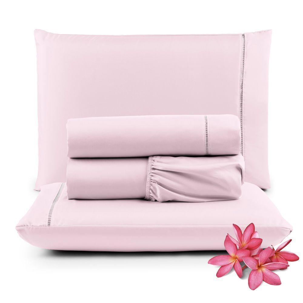Jogo Cama Lençol Unique Queen 400 Fios Ponto Palito 4 Peças - Rosa - 1