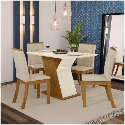 Conjunto Sala De Jantar Mesa 120cm 4 Cadeiras Kesha Casa 812 Nature Off White E Linho