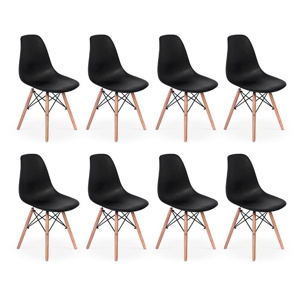 Conjunto 8 Cadeiras Charles Eames Eiffel Wood Base Madeira - Preta - 1