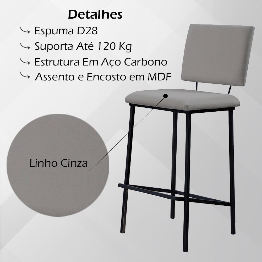Kit 2 Banquetas Alta Base Em Aço Preto F109 Linho Cinza Dmobiliario Cinza - 4