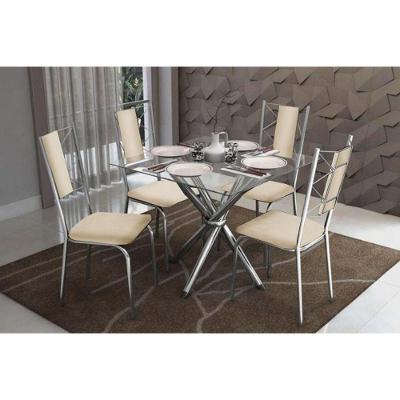 Kit Mesa Volga C- Tampo Vidro 90cm + 4 Cadeiras Lisboa Cromado Courano Nude