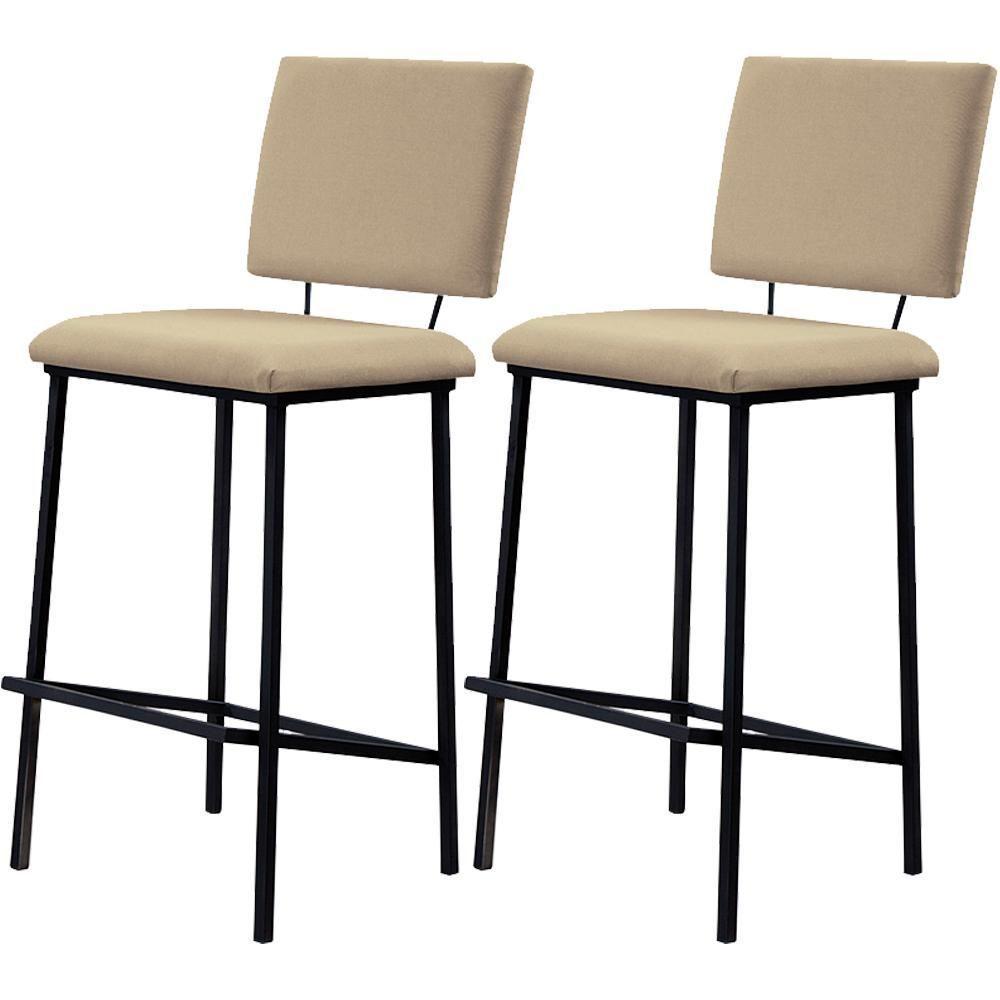 Kit 2 Banquetas Alta Base Em Aço Preto F109 Linho Bege Dmobiliario Bege - 1