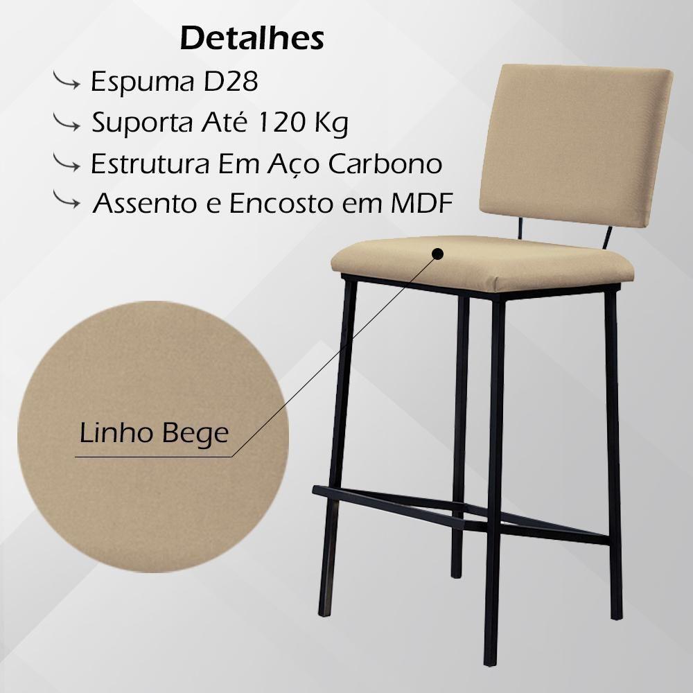Kit 2 Banquetas Alta Base Em Aço Preto F109 Linho Bege Dmobiliario Bege - 3