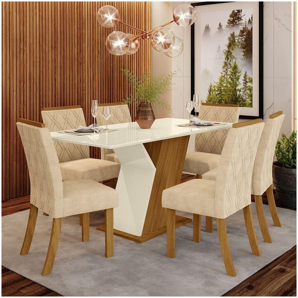 Conjunto Sala De Jantar Mesa 160cm Vidro 6 Cadeiras Lupita Casa 812 Nature Off White E Linho - 1