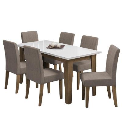 Conjunto de Mesa Sala de Jantar Miami 6 Lugares em MDP com Cadeiras Suede Off White 160cm