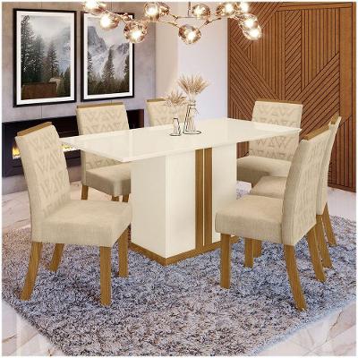 Conjunto Sala De Jantar Mesa 160cm 6 Cadeiras Alana Casa 812 Nature Off White E Linho