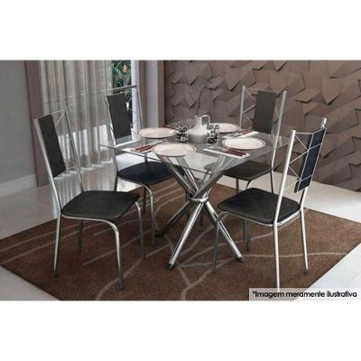Kit Mesa Volga C- Tampo Vidro 90cm + 4 Cadeiras Lisboa Cromado Preto