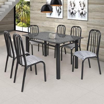 Conjunto de Mesa com 6 Cadeiras Granito Craquelado Tampo em Vidro Estrutura em Aço Ciplafe Móveis