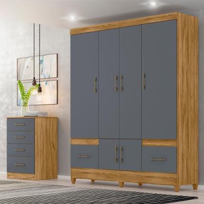 Kit Guarda Roupa Casal Ms 912 e Cômoda Ms 913 6 Portas 2 Gavetas MDP Freijó - Cinza