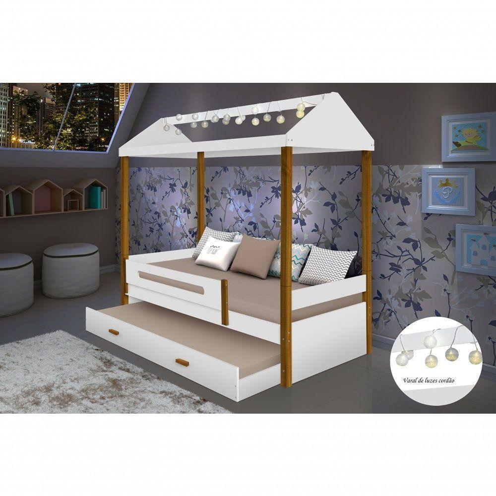 Cama Casa Branco Mel Com Cordão De Luzes Led E Cama Auxiliar - 1