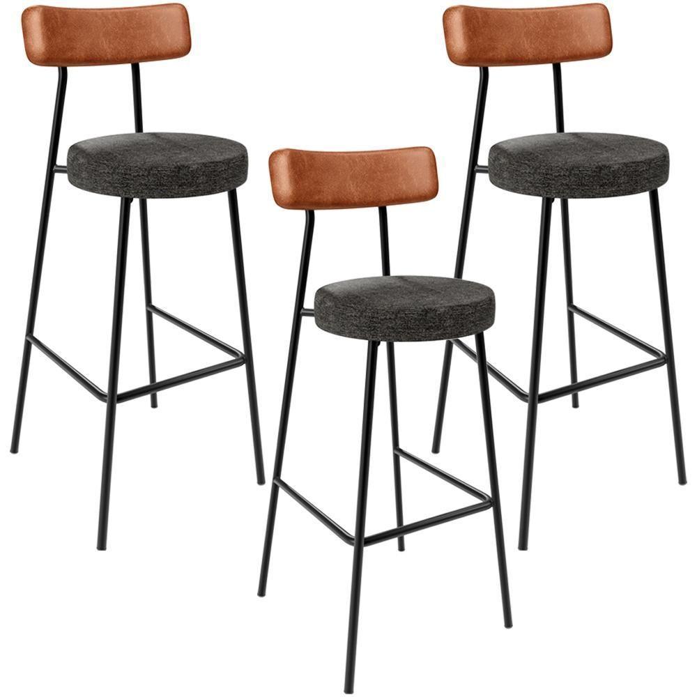 Kit 03 Banquetas Alta Cozinha Sala De Jantar Milão L02 Couríssimo Camel Linho Chumbo - 1