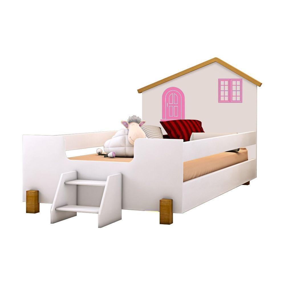 Cama Solteiro Casinha Branco Mel E Rosa Com 2 Luminárias E Colchão - 5