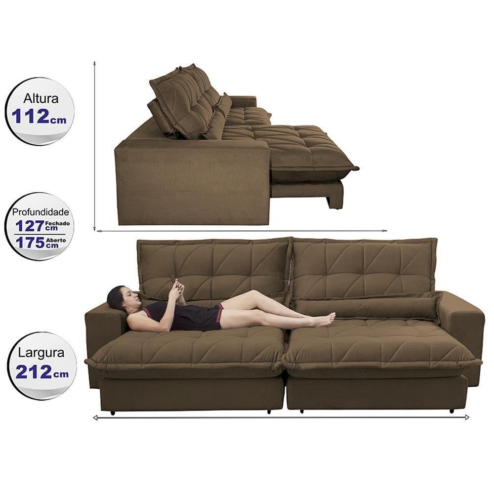 Sofa Retrátil E Reclinável 2,12m Com Molas Ensacadas Cama Inbox Soft Tecido Suede Café - 7