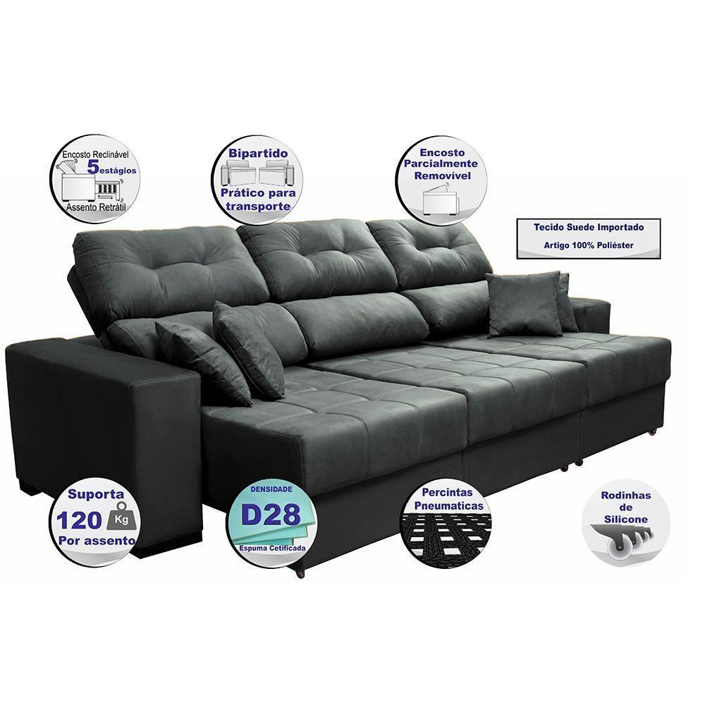 Sofá Retrátil E Reclinável Cama Inbox Diamond 2,25m Tecido Suede Velusoft Cinza - 6