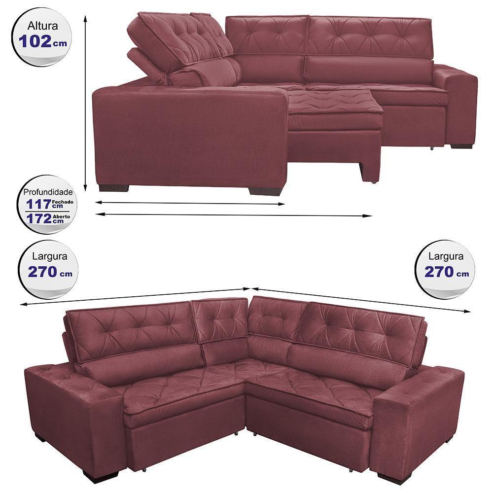 Sofa De Canto Retrátil E Reclinável Com Molas Cama Inbox Austin 2,70m X 2,70m Suede Velusoft Vinho - 7