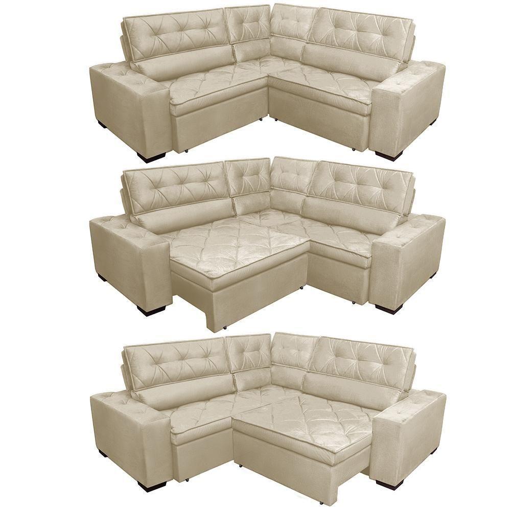 Sofa De Canto Retrátil E Reclinável Com Molas Cama Inbox Austin 2,40m X 2,40m Suede Velusoft Bege - 2