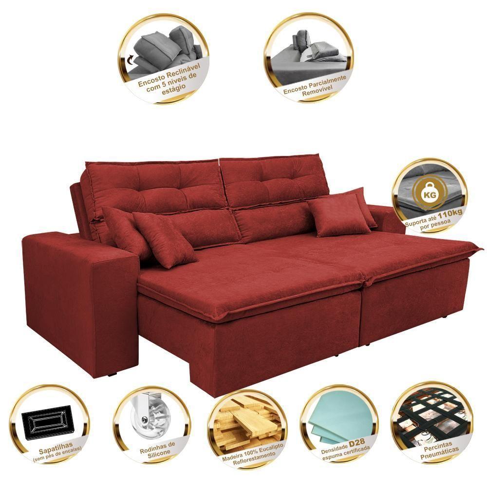 Sofá Cairo 1,82m Retrátil, Reclinável Tecido Suede Vermelho - 3